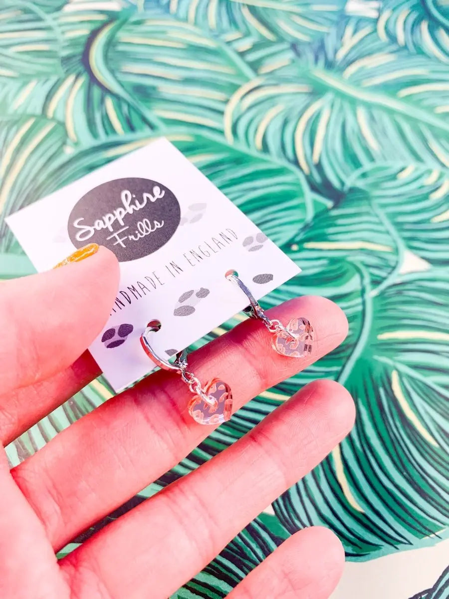 Mini Rose Pink Leopard Print Acrylic Mirror Heart Hoop Earrings Sapphire Frills