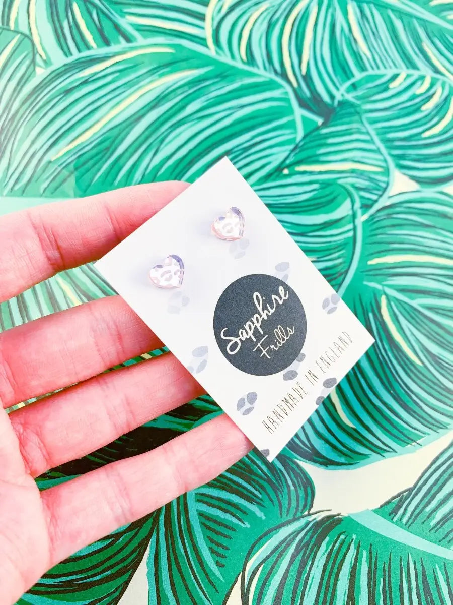 Mini Rose Pink Leopard Print Acrylic Mirror Heart Stud Earrings Sapphire Frills