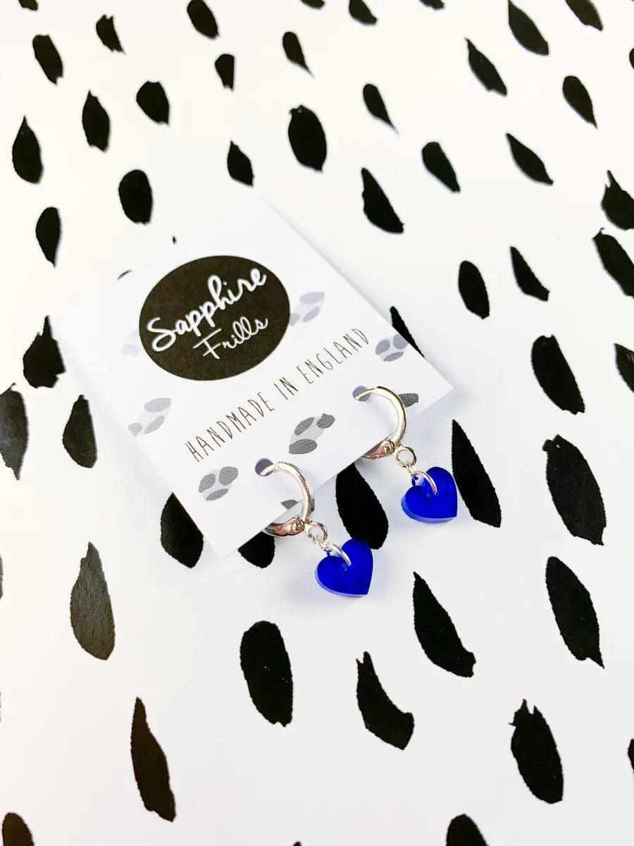 Mini Royal Blue Leopard Print Acrylic Mirror Heart Hoop Earrings Sapphire Frills