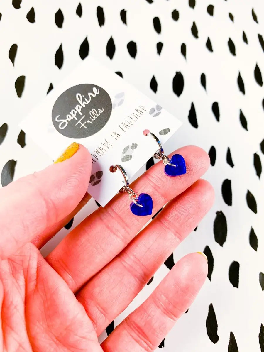 Mini Royal Blue Leopard Print Acrylic Mirror Heart Hoop Earrings Sapphire Frills