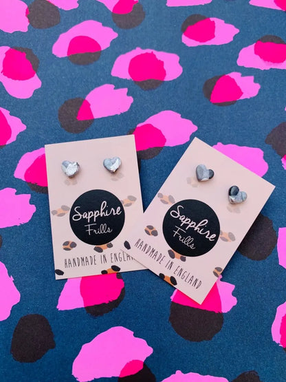 Mini Translucent Silver Glitter Smudge Print Heart Stud Earrings Sapphire Frills