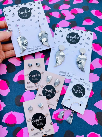 Mini Translucent Silver Glitter Smudge Print Heart Stud Earrings Sapphire Frills