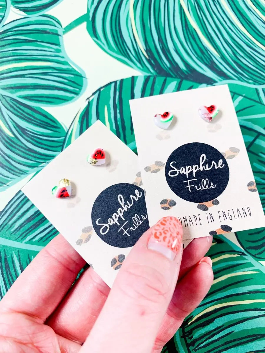 Mini Translucent Watermelon Print Heart Stud Earrings from Sapphire Frills