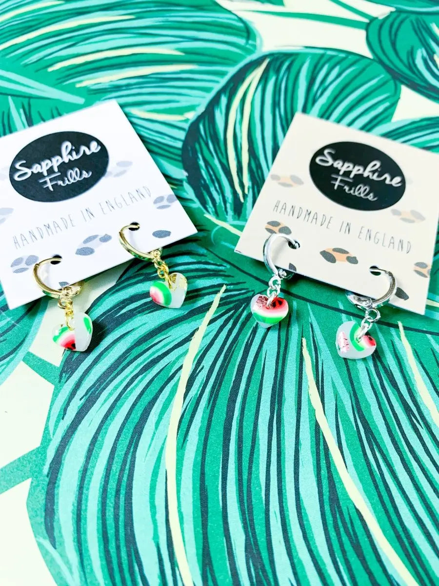 Mini Translucent Watermelon Print Heart Stud Earrings from Sapphire Frills