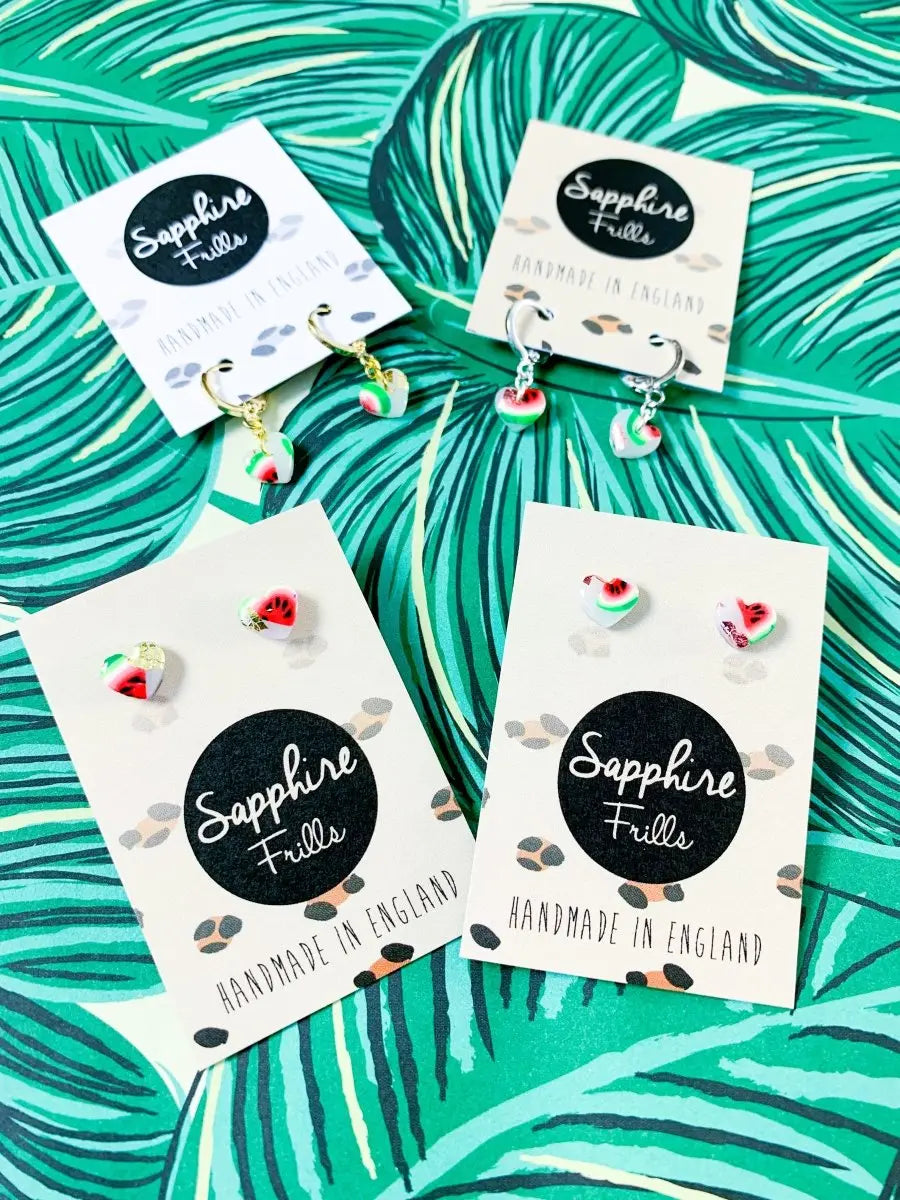 Mini Translucent Watermelon Print Heart Stud Earrings from Sapphire Frills