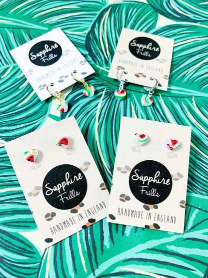 Mini Translucent Watermelon Print Heart Stud Earrings from Sapphire Frills