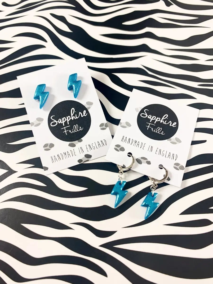 Mini Turquoise Glitter Lightening Bolt Stud Earrings from Sapphire Frills