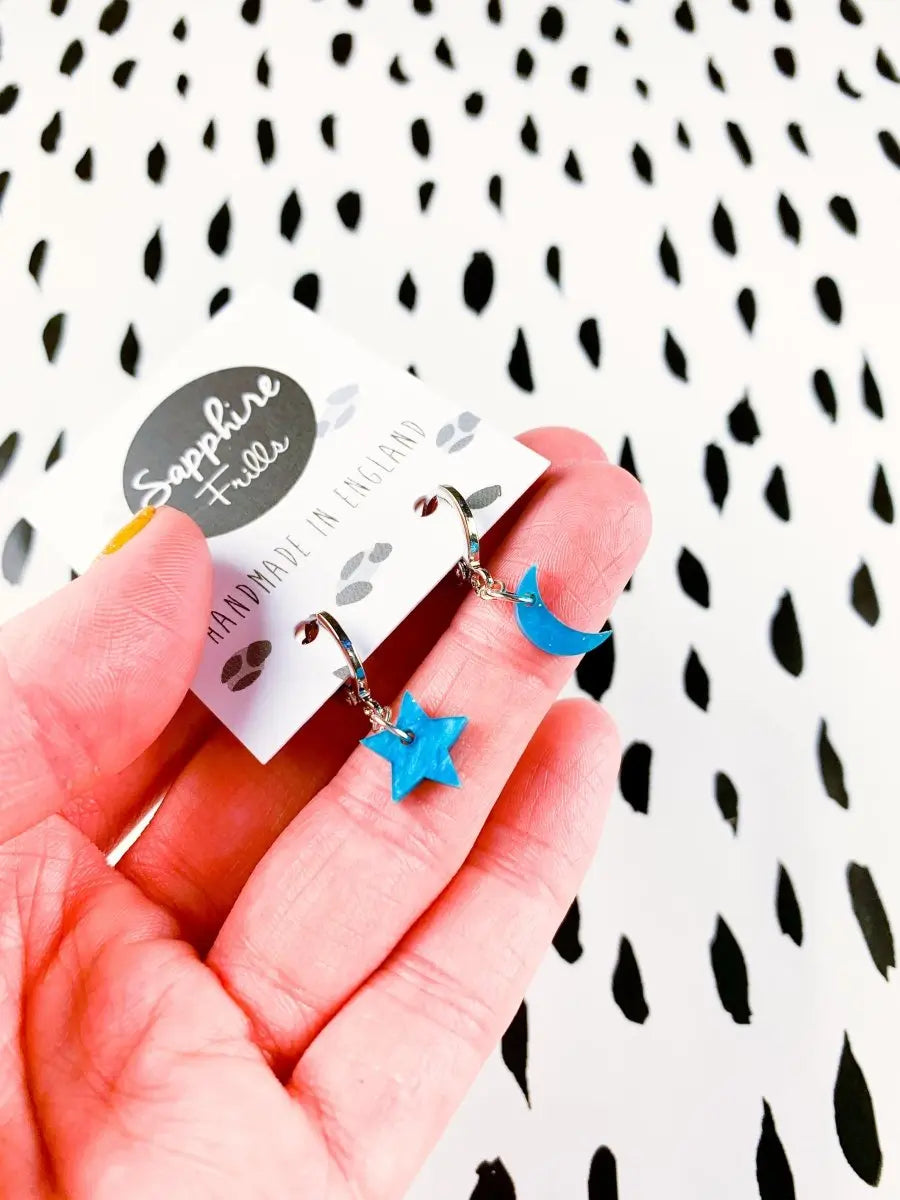 Mini Turquoise Glitter Marble Acrylic Mismatch Star and Moon Hoop Earrings Sapphire Frills