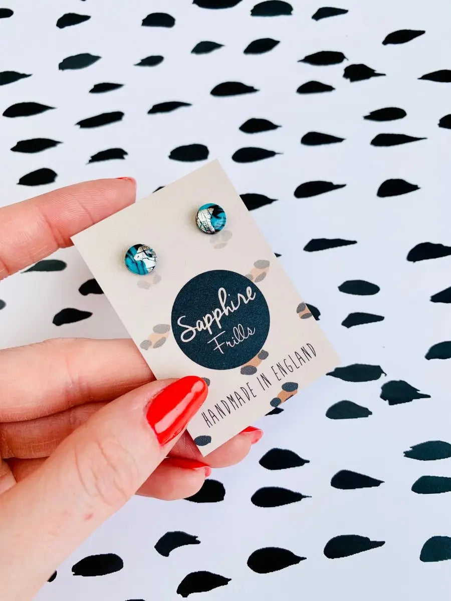 Mini Turquoise and Black Marble Circle Stud Earrings Sapphire Frills