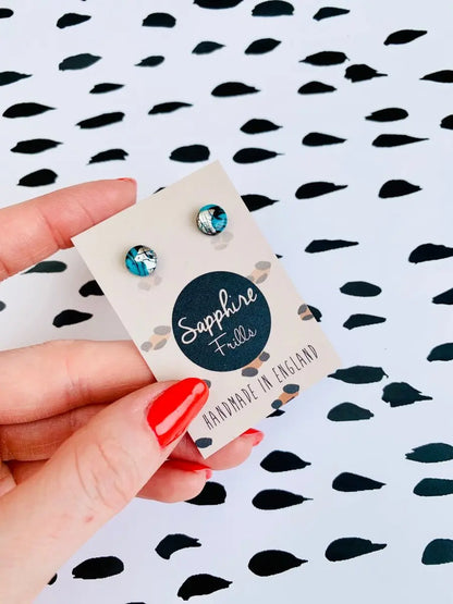 Mini Turquoise and Black Marble Circle Stud Earrings Sapphire Frills