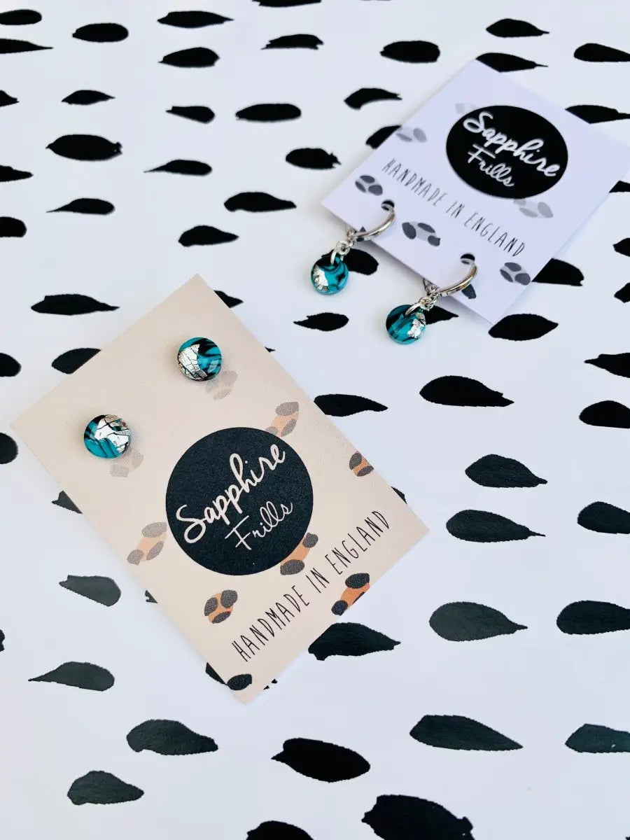 Mini Turquoise and Black Marble Circle Stud Earrings Sapphire Frills