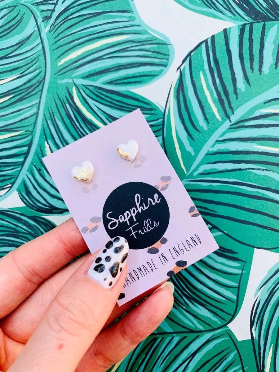 Mini White and Gold Heart Stud Earrings Sapphire Frills