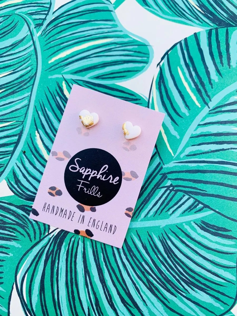 Mini White and Gold Heart Stud Earrings Sapphire Frills