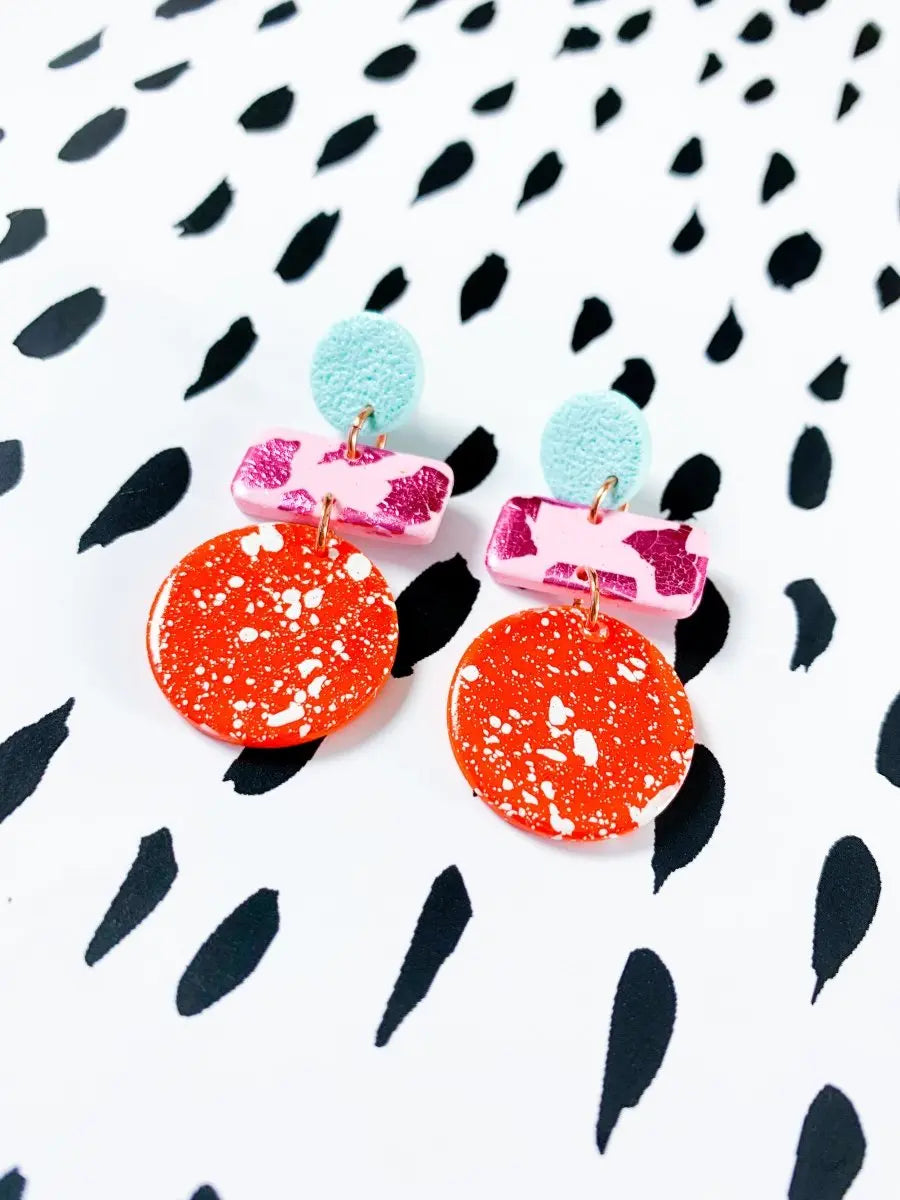 Mint, Baby Pink and Bright Orange Splatter Circle Dangle Earrings from Sapphire Frills