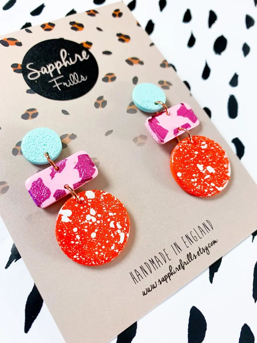 Mint, Baby Pink and Bright Orange Splatter Circle Dangle Earrings from Sapphire Frills