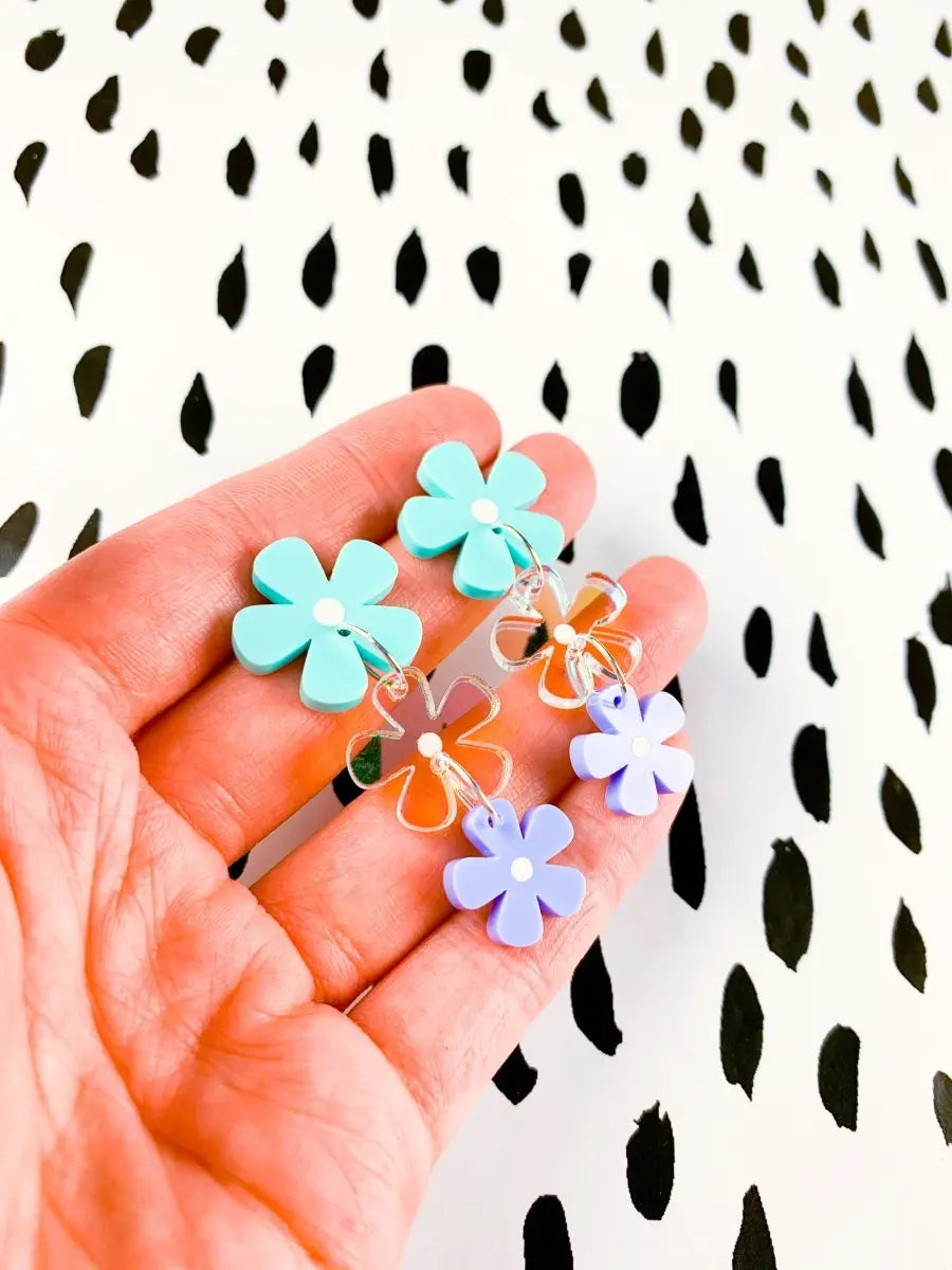 Mint, Periwinkle Lilac and Iridescent Acrylic Flower Dangle Earrings Sapphire Frills