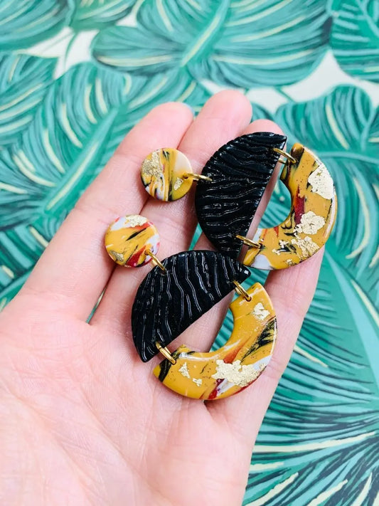 Mustard and Gold Marble Zebra Print Circle Dangle Earrings Sapphire Frills