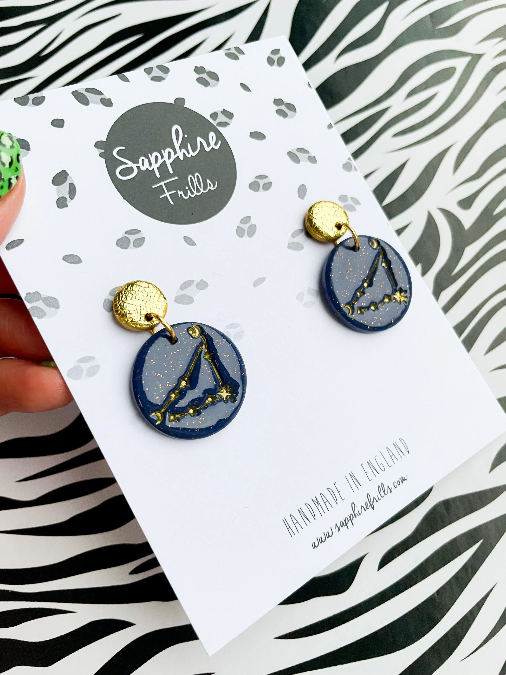 Navy Glitter Zodiac Star Sign Circle Dangle Earrings from Sapphire Frills