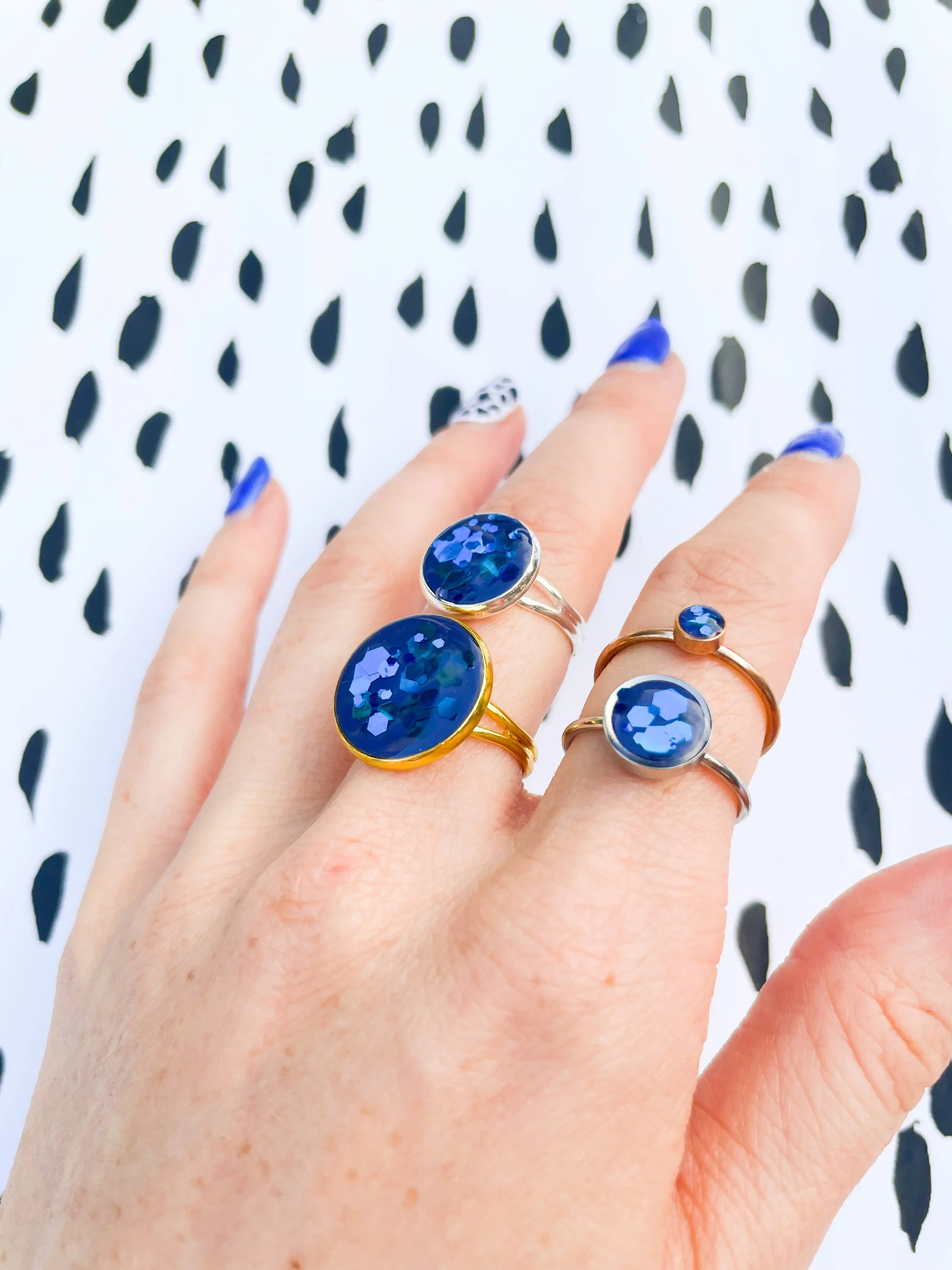Navy and Midnight Blue Hexagon Sequin Adjustable Ring from Sapphire Frills