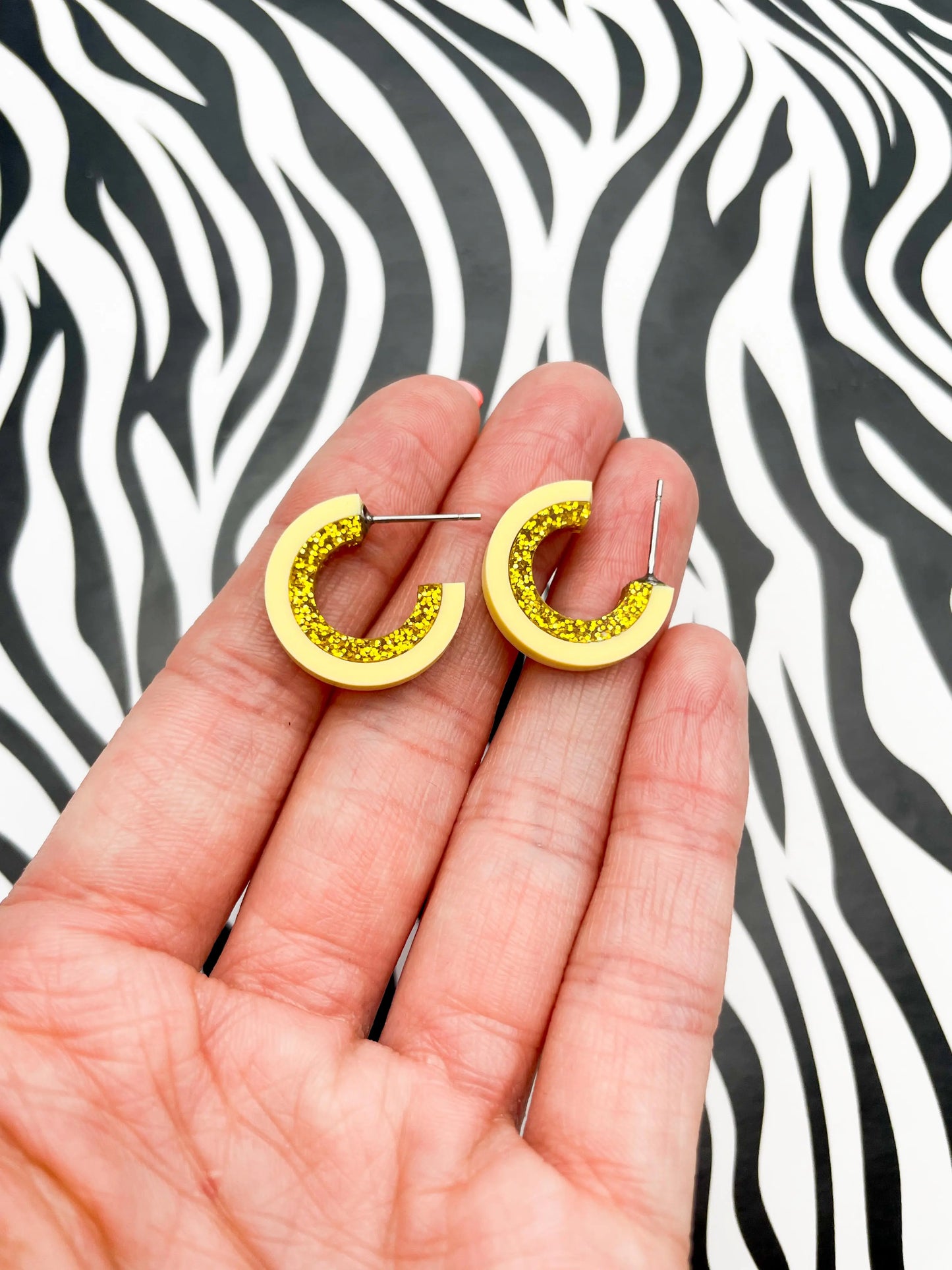 Pastel Yellow and Gold Glitter Striped Acrylic Hoops from Sapphire Frills