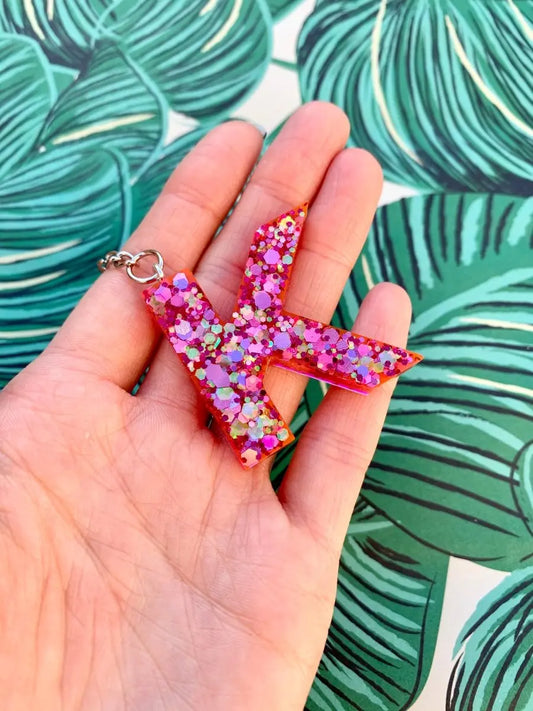 Pink Florescent Glitter Initial Keyring Sapphire Frills