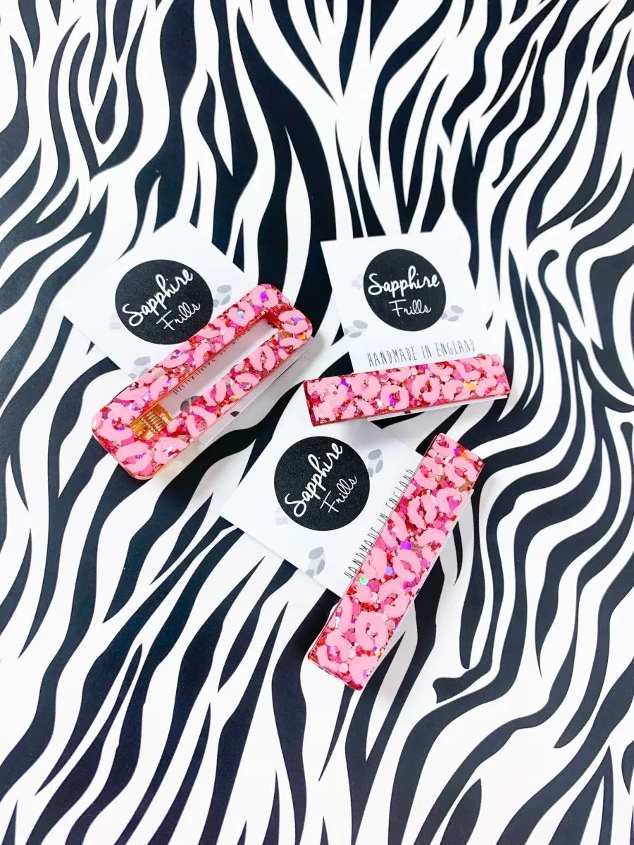 Pink Glitter Leopard Print Hair Clips from Sapphire Frills