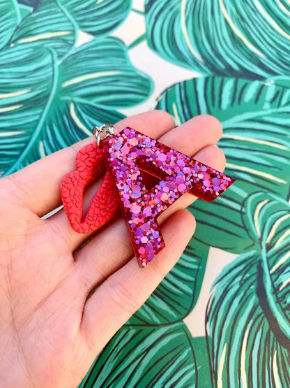 Pink and Red Glitter Initial Keyring Sapphire Frills