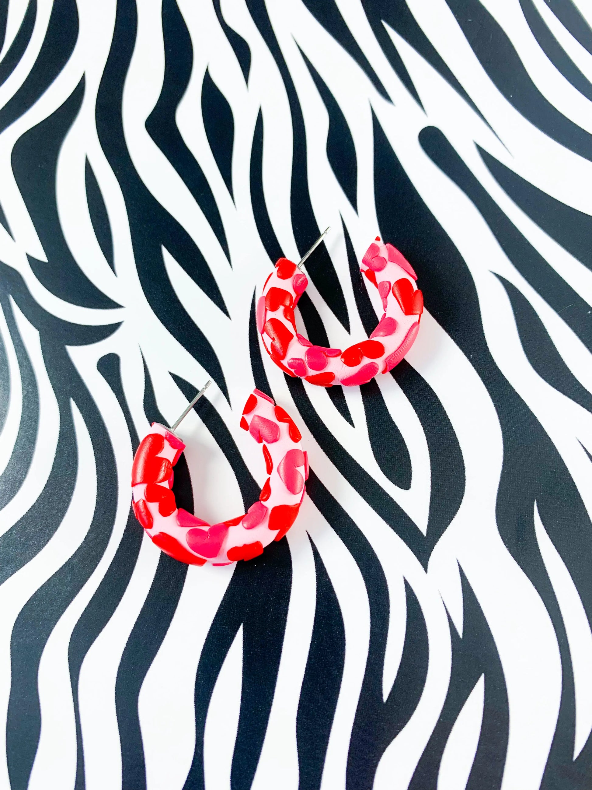 Pink and Red Heart Print Hoop Stud Earrings from Sapphire Frills