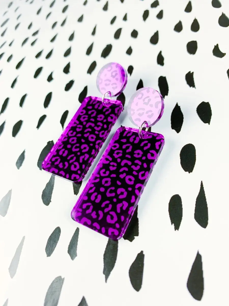 Purple Leopard Print Acrylic Mirror Rectangle Dangle Earrings Sapphire Frills