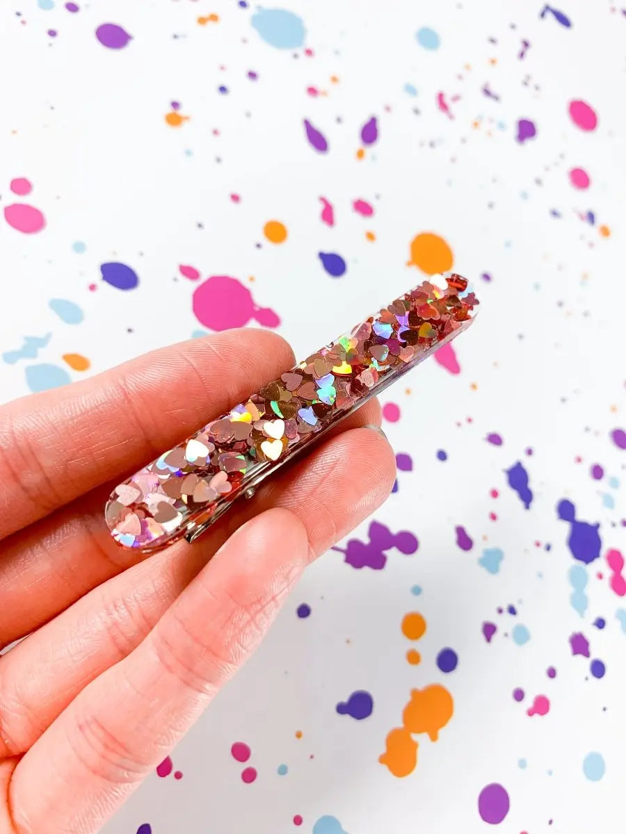 Rainbow Dusky Pink Heart Glitter Hair Clips from Sapphire Frills