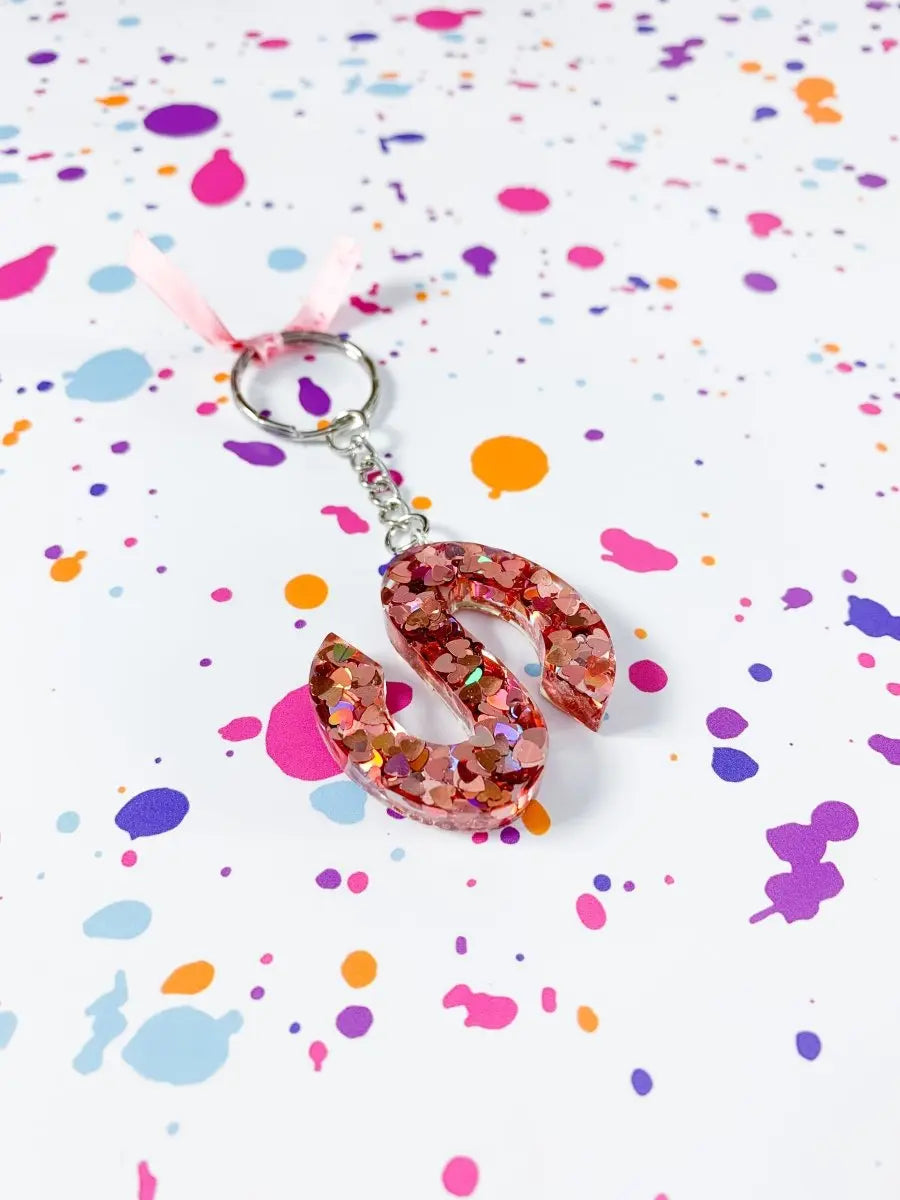 Rainbow Dusky Pink Heart Glitter Initial Keyring from Sapphire Frills