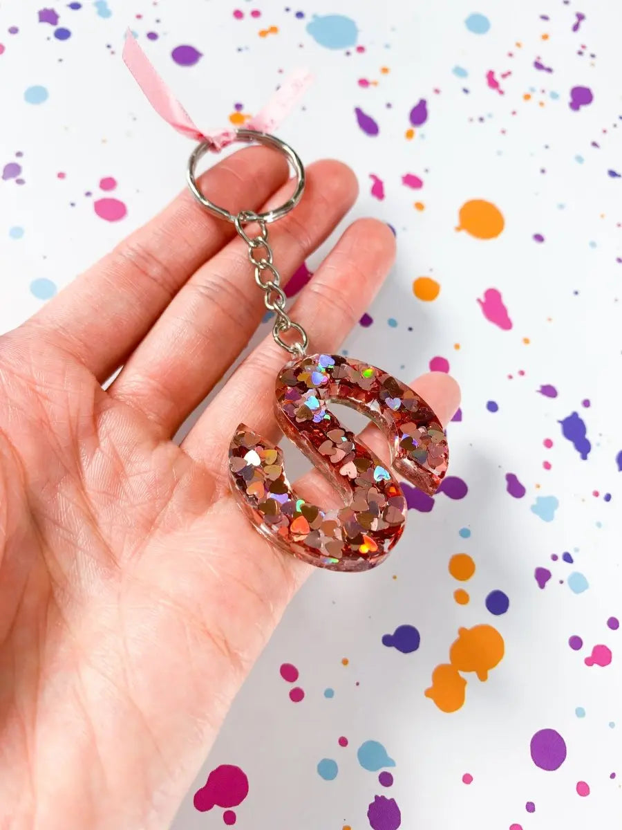 Rainbow Dusky Pink Heart Glitter Initial Keyring from Sapphire Frills