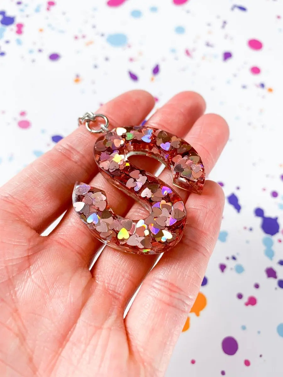 Rainbow Dusky Pink Heart Glitter Initial Keyring from Sapphire Frills