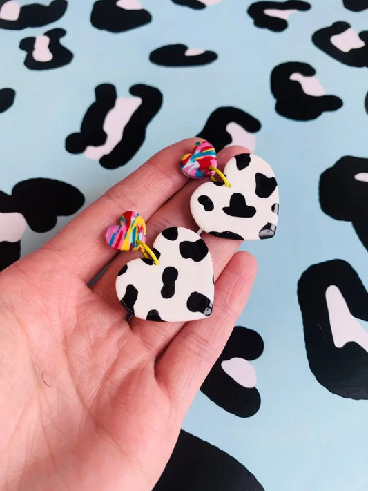 Rainbow Marble Black and White Cow Print Heart Dangle Earrings from Sapphire Frills
