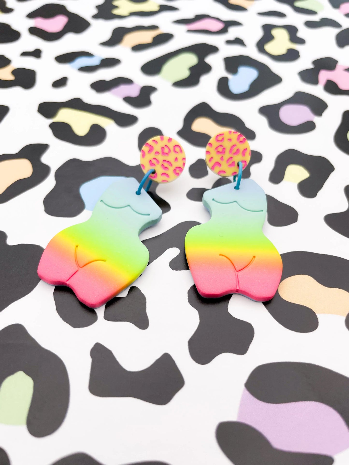 Rainbow Ombre Leopard Print Curvy Body Dangle Earrings from Sapphire Frills
