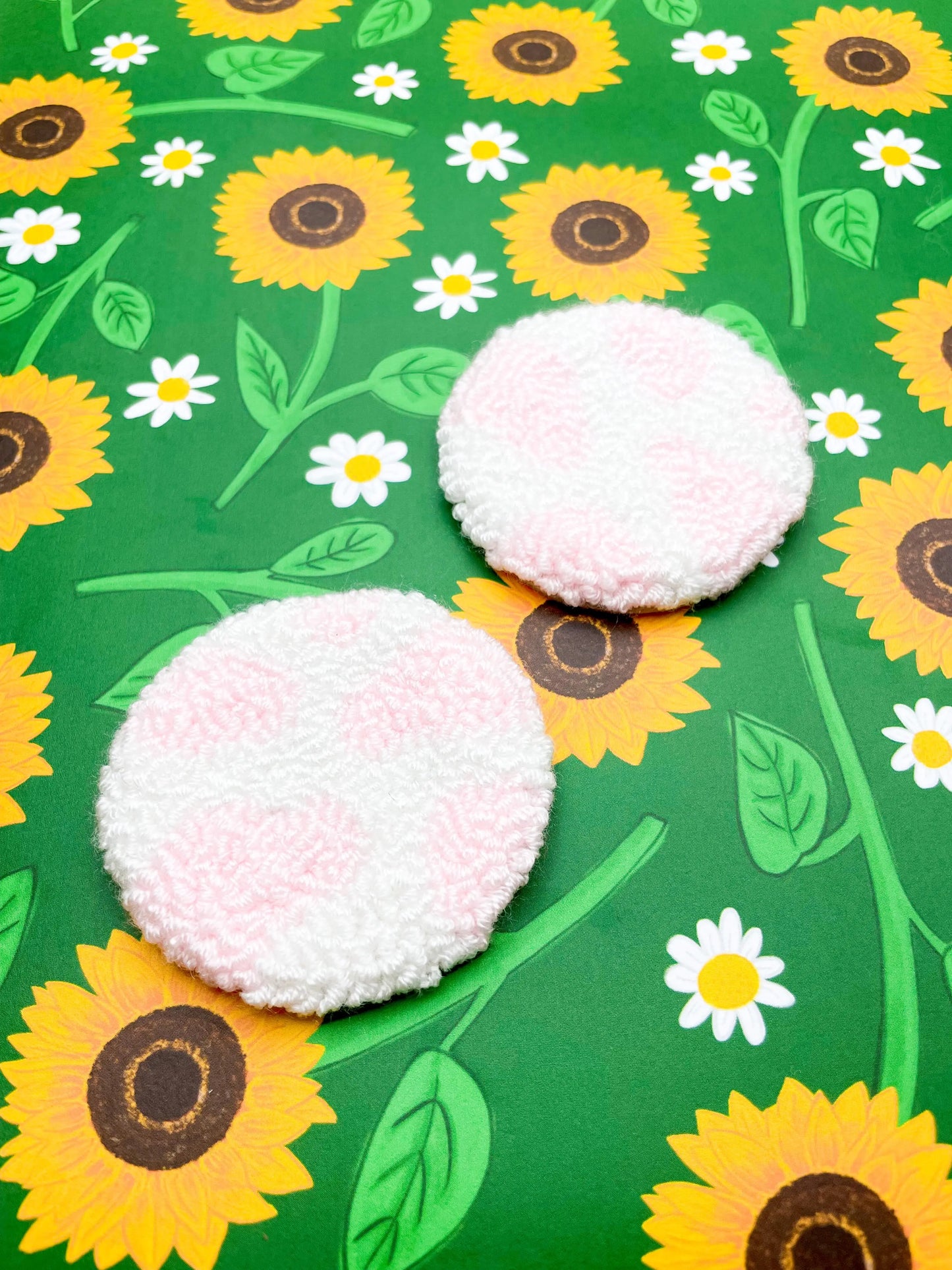 Set of 2 Baby Pink and White Milkshake Cow Print Wool Car Coasters from Sapphire Frills
