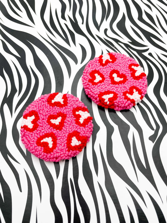 Set of 2 Hot Pink and Red Heart Print Wool Car Coasters from Sapphire Frills