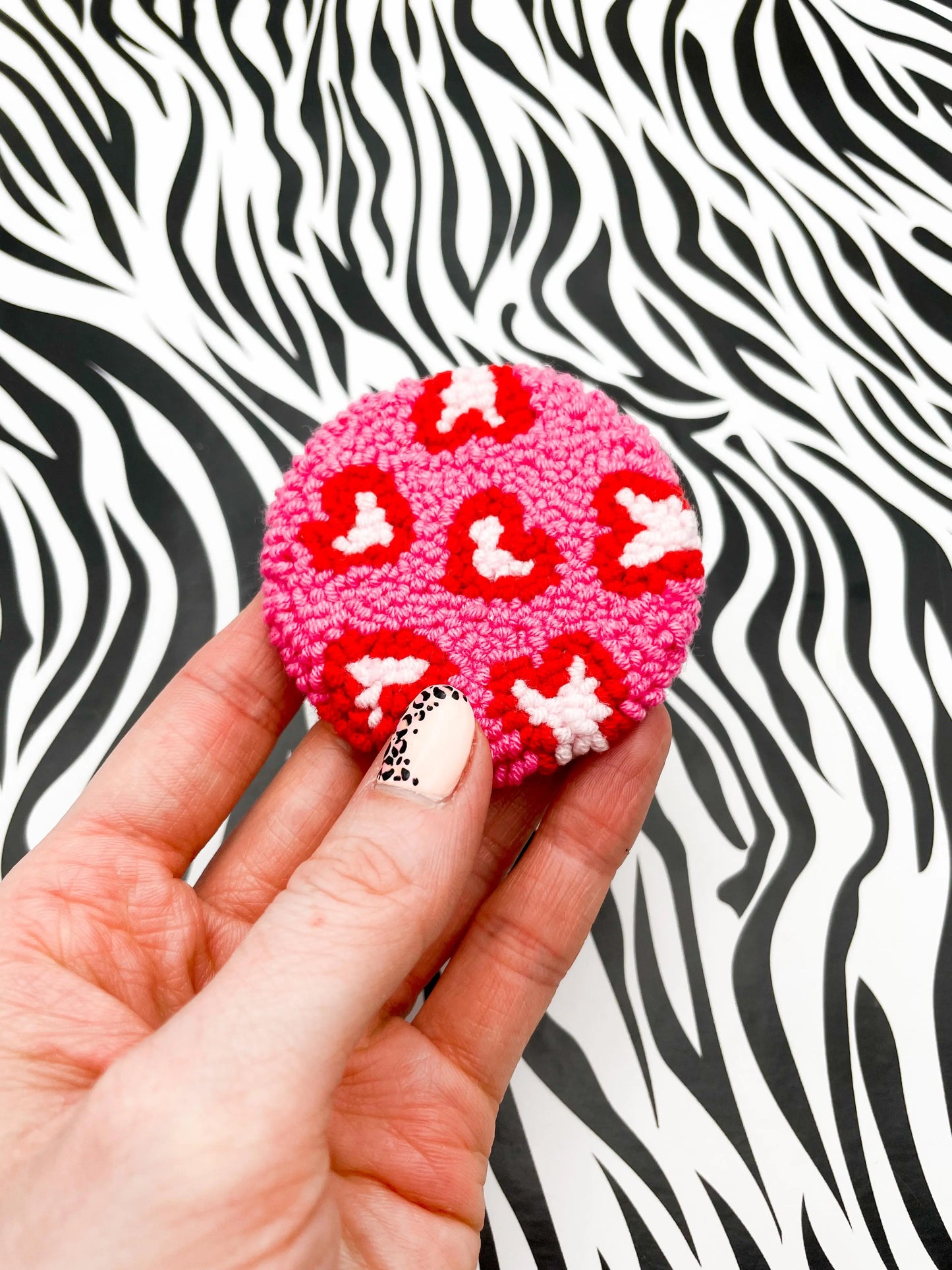 Set of 2 Hot Pink and Red Heart Print Wool Car Coasters from Sapphire Frills
