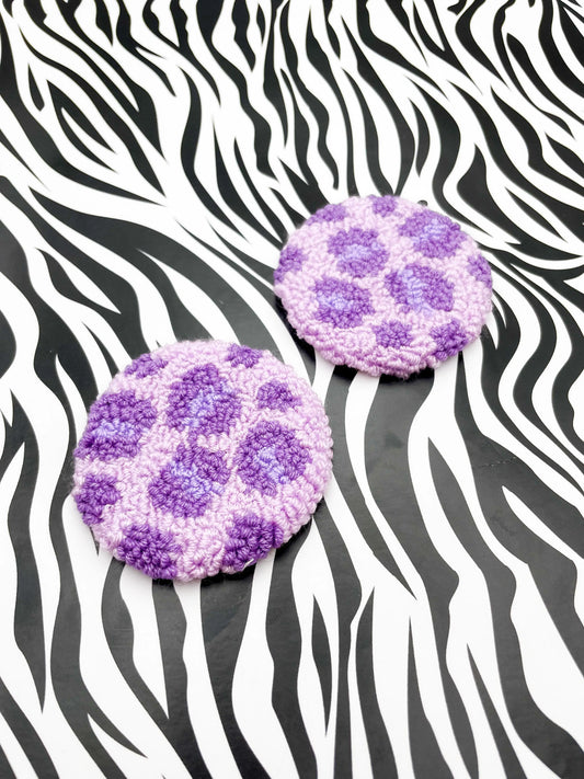 Set of 2 Lilac and Purple Leopard Print Wool Car Coasters from Sapphire Frills