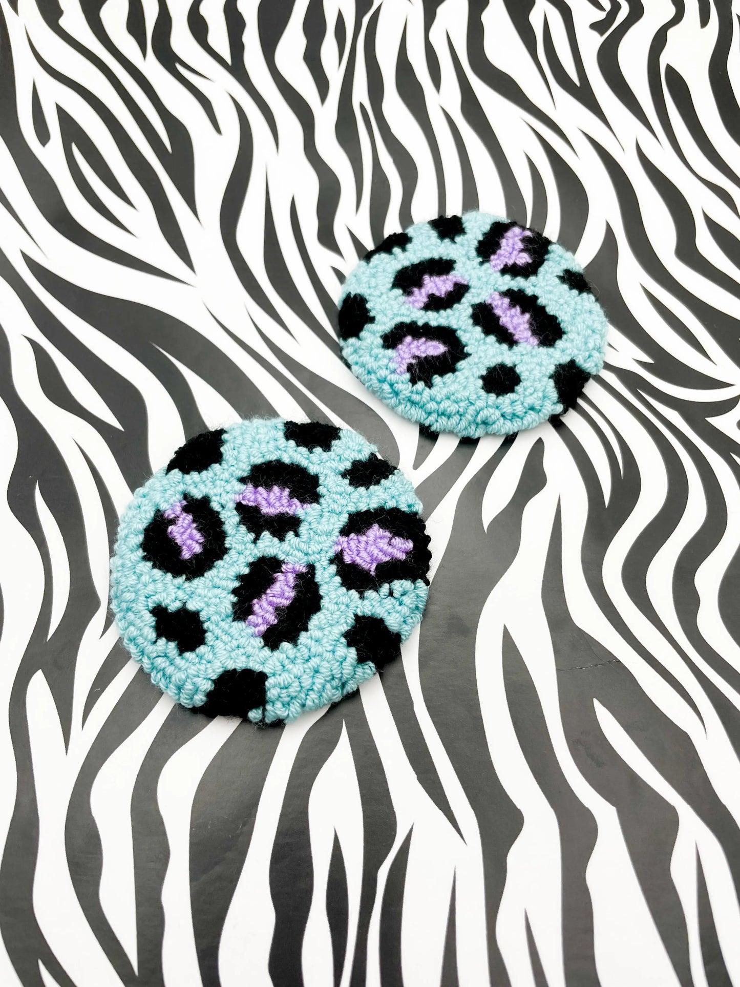 Set of 2 Turquoise and Lilac Leopard Print Wool Car Coasters from Sapphire Frills