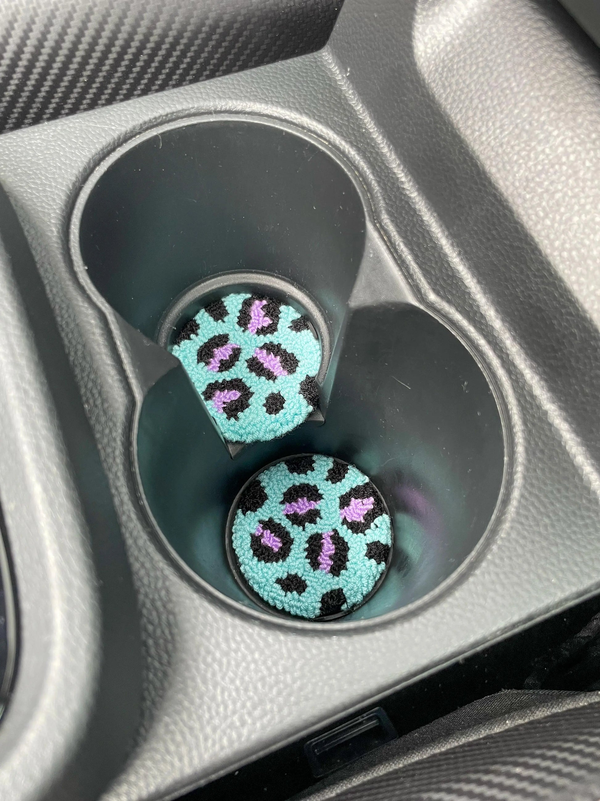 Set of 2 Turquoise and Lilac Leopard Print Wool Car Coasters from Sapphire Frills
