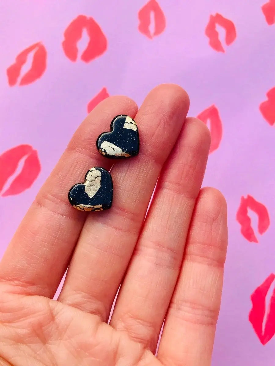 Small Black & Gold Glitter Heart Stud Earrings Sapphire Frills