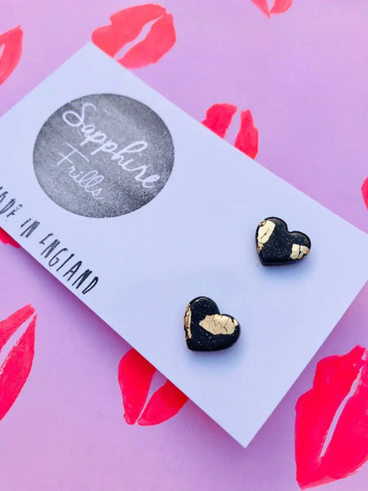 Small Black & Gold Glitter Heart Stud Earrings Sapphire Frills