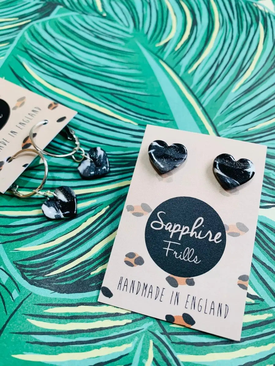 Small Black and White Marble Heart Stud Earrings Sapphire Frills