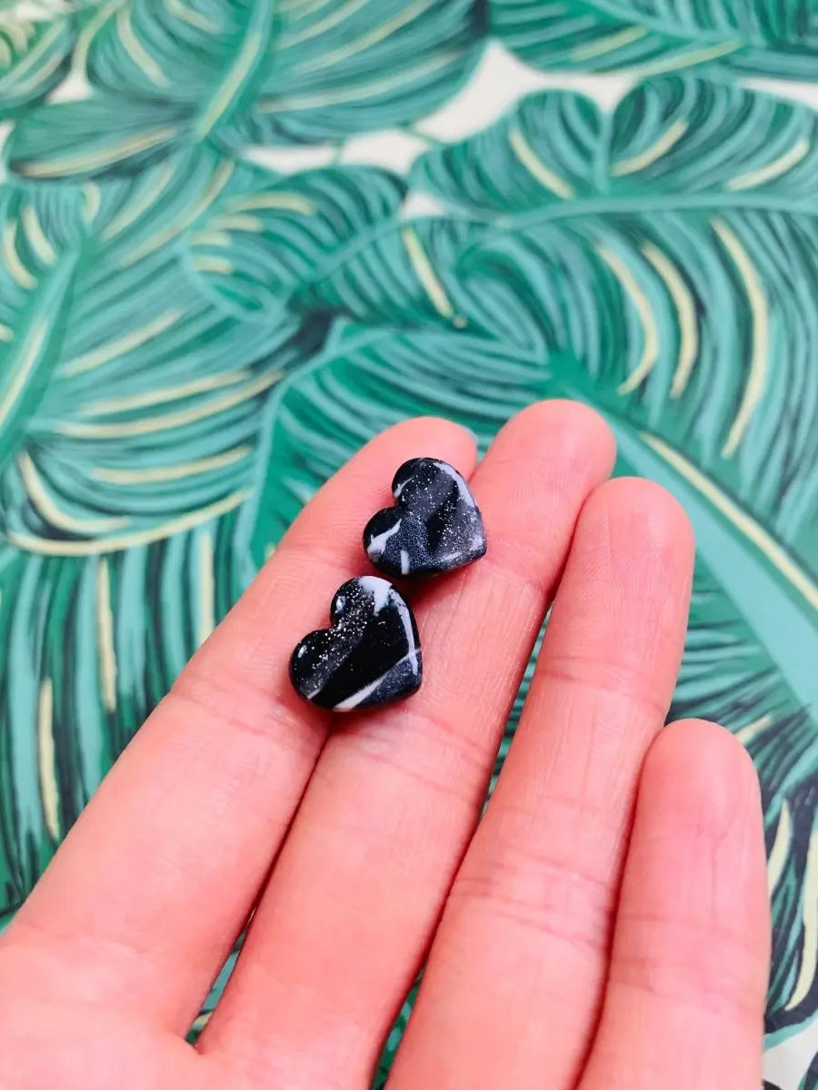 Small Black and White Marble Heart Stud Earrings Sapphire Frills