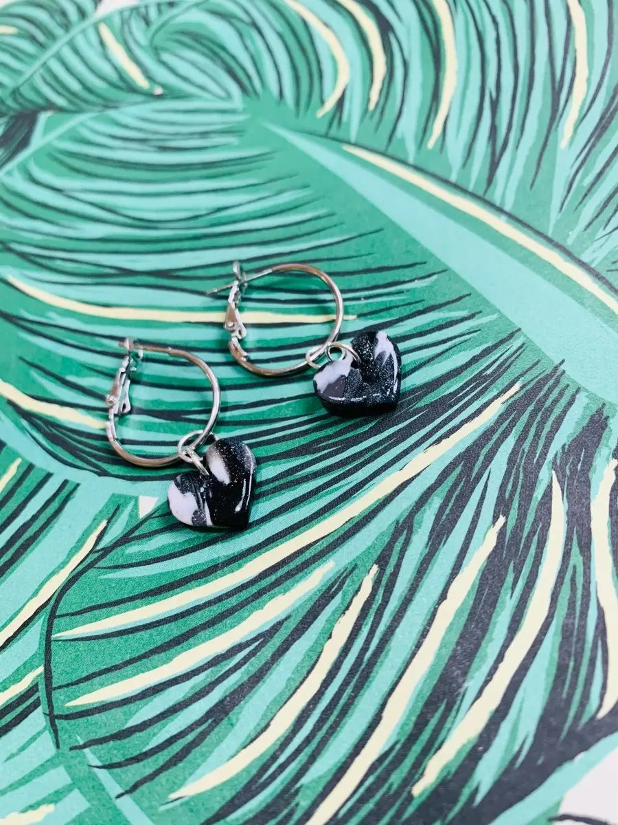 Small Black and White Marble Heart Stud Earrings Sapphire Frills