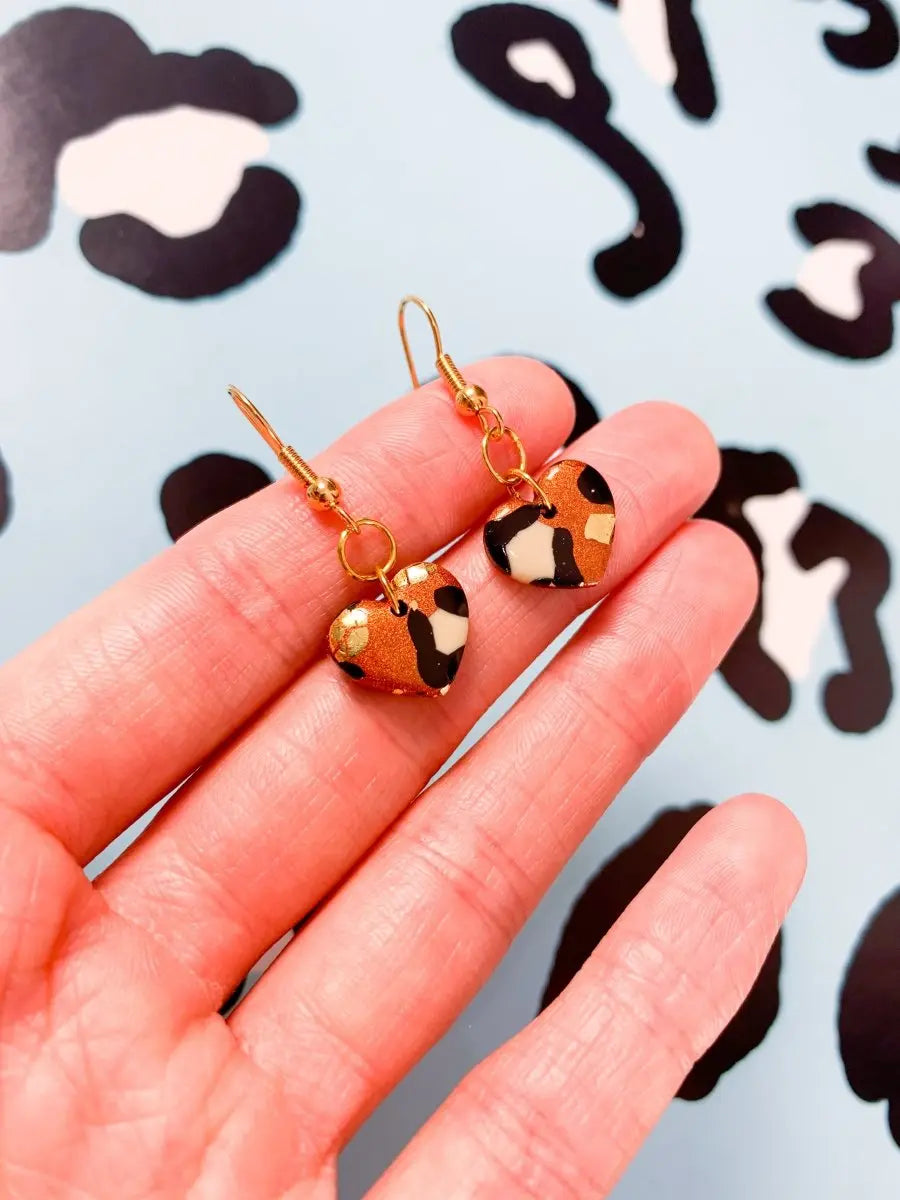 Small Bronze Leopard Print Heart Stud Earrings Sapphire Frills