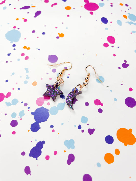 Small Grape Glitter Acrylic Mismatch Star and Moon Dangle Earrings from Sapphire Frills