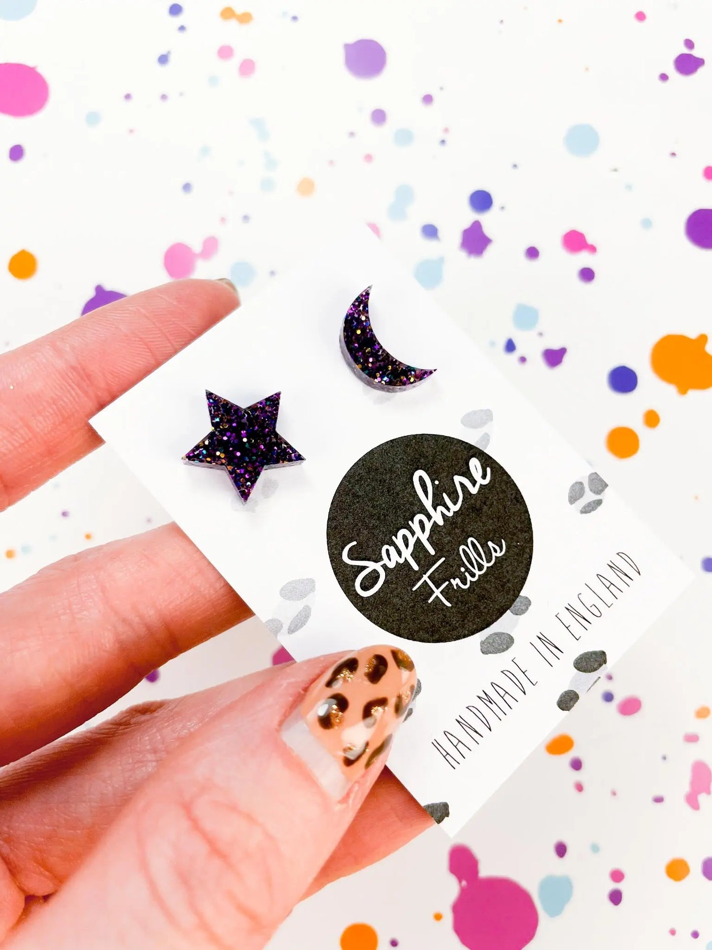 Small Grape Glitter Acrylic Mismatch Star and Moon Studs from Sapphire Frills