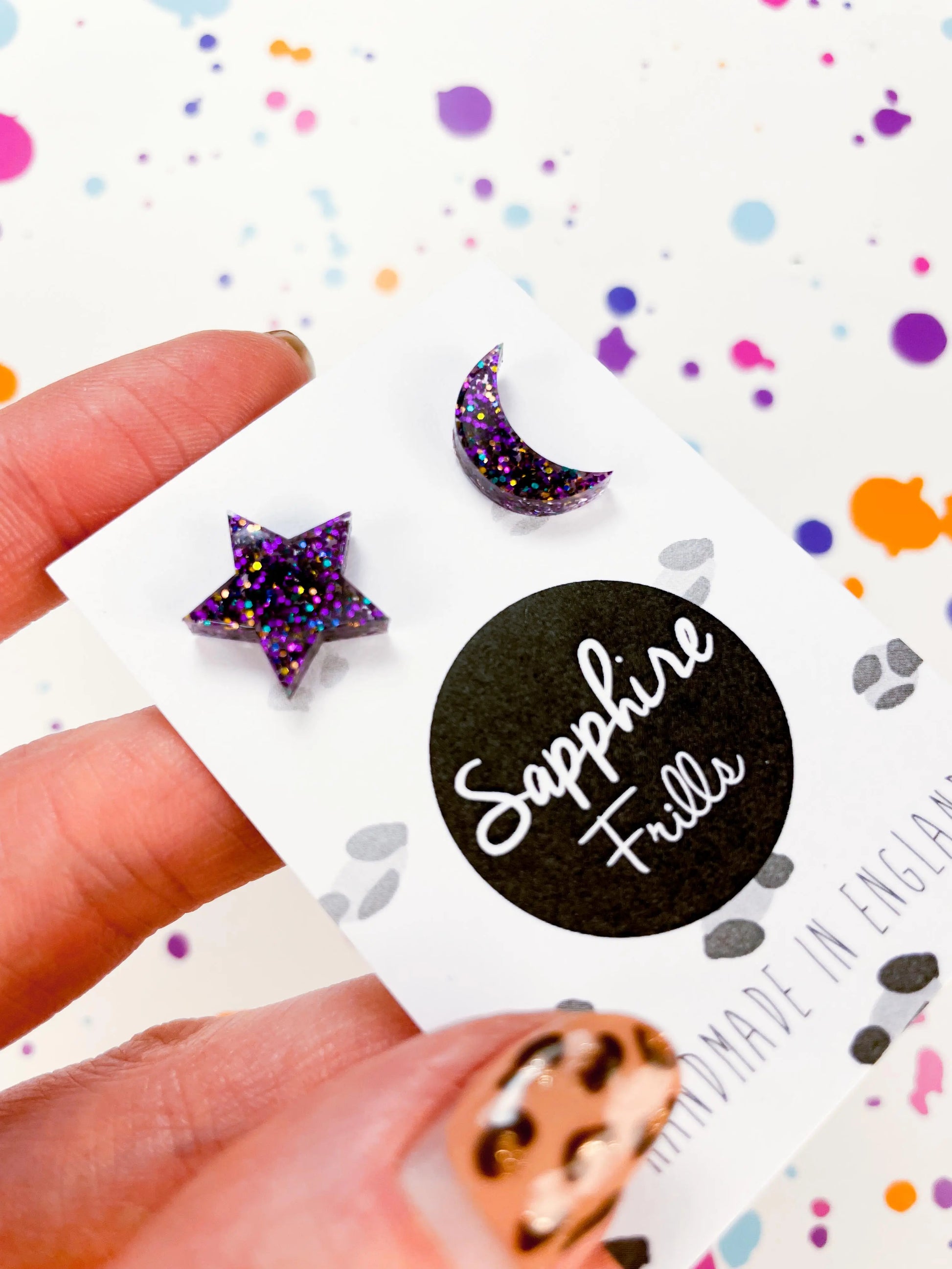 Small Grape Glitter Acrylic Mismatch Star and Moon Studs from Sapphire Frills
